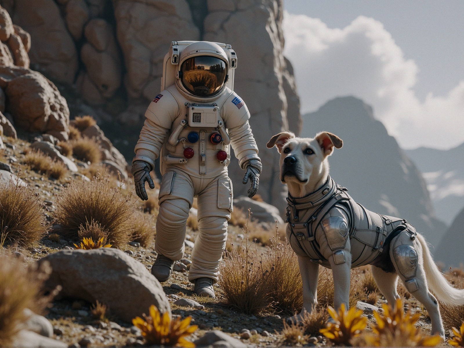 Astronaut and Dog on Rocky Terrain in Futuristic Suits