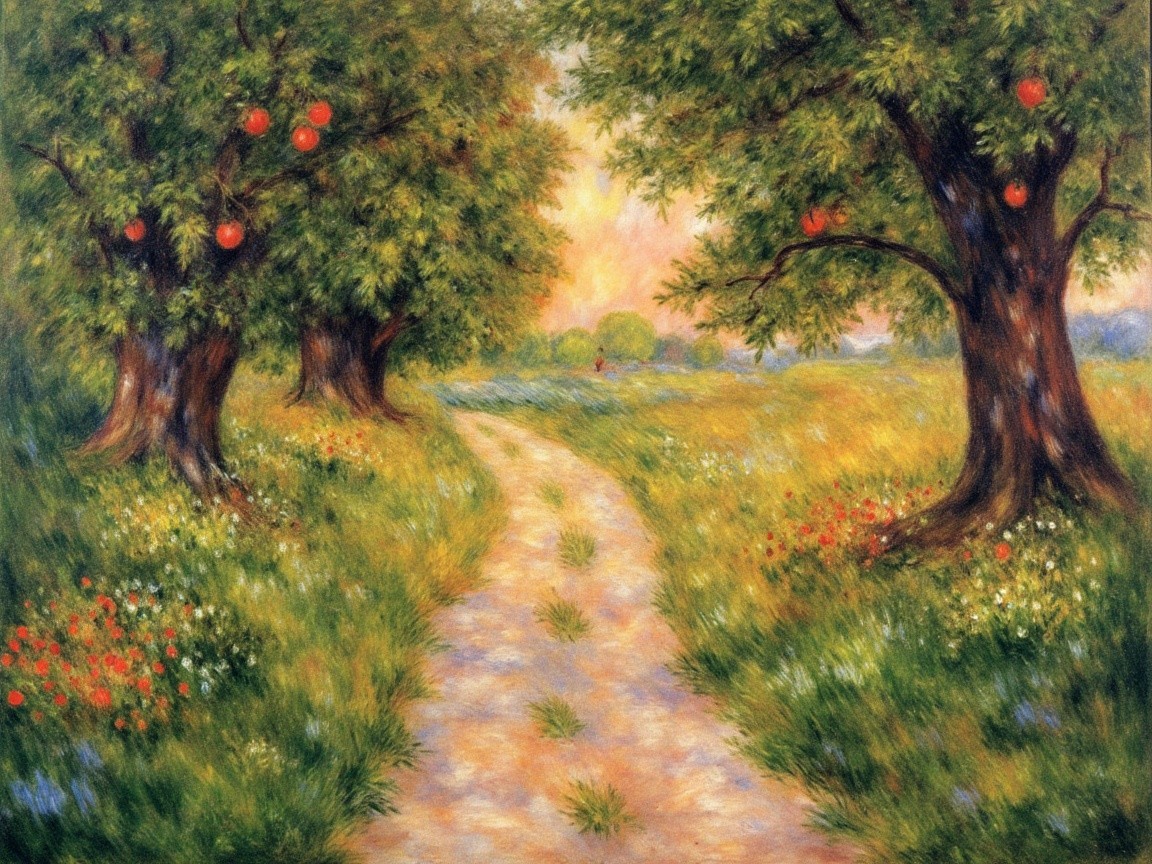Serene Pathway Through Vibrant Apple Orchard Landscape