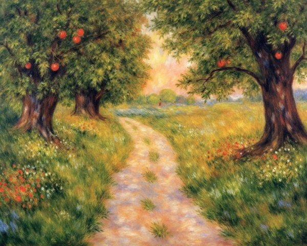 Serene Pathway Through Vibrant Apple Orchard Landscape