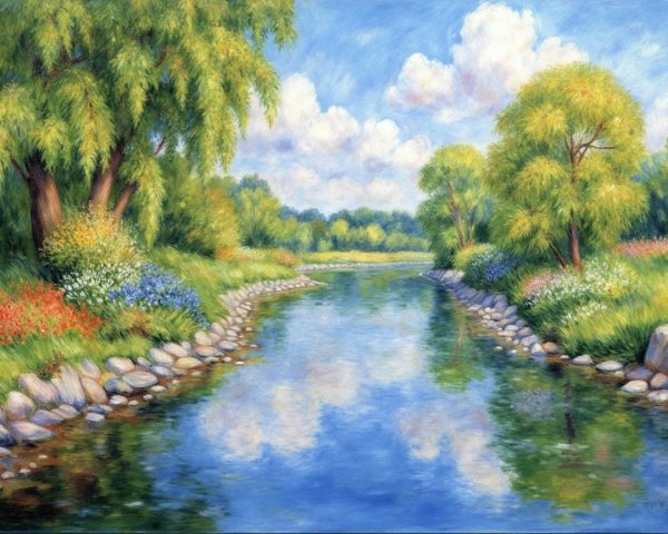 Tranquil River Landscape with Lush Greenery and Flowers