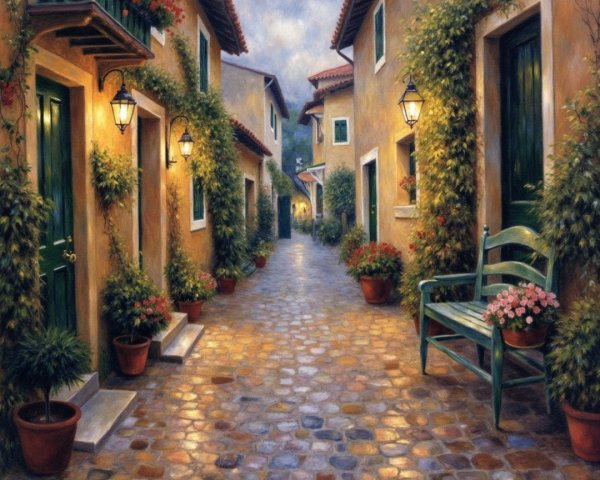 Charming Cobblestone Alleyway with Stucco Buildings