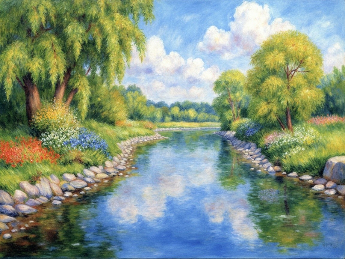 Tranquil River Landscape with Lush Greenery and Flowers