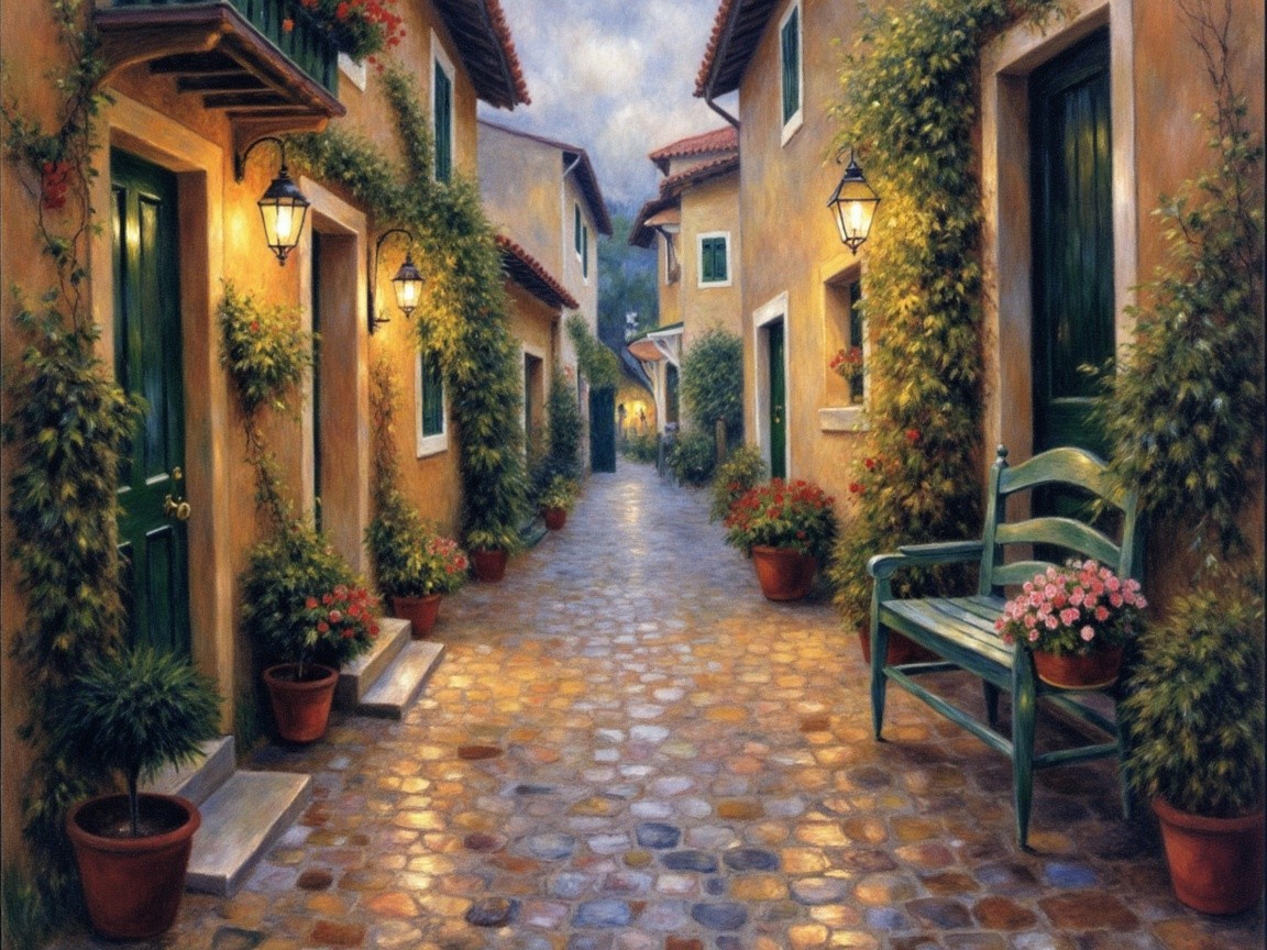 Charming Cobblestone Alleyway with Stucco Buildings
