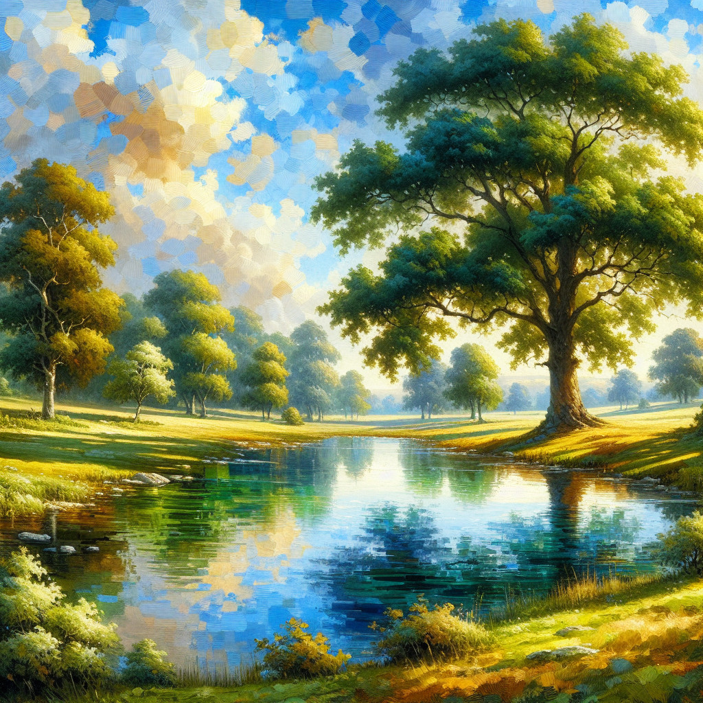 Tranquil River Landscape with Lush Greenery and Sky