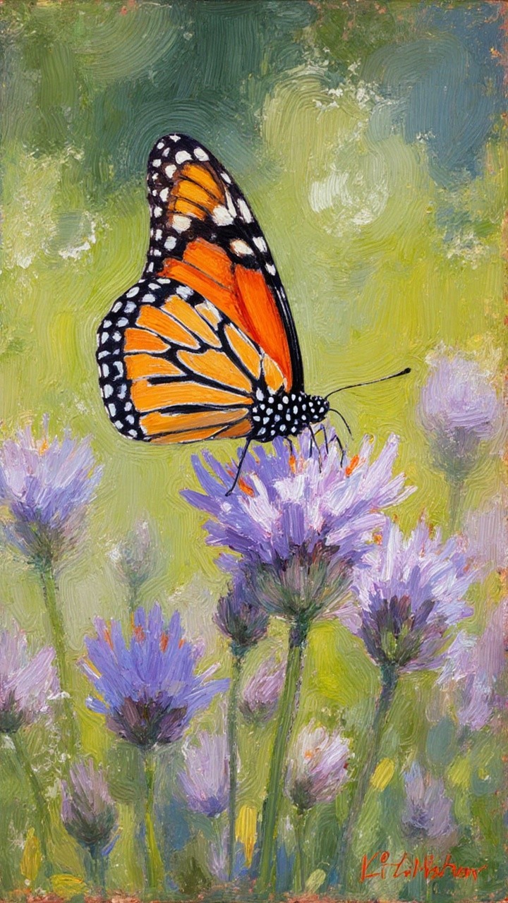 Monarch Butterfly on Purple Wildflowers in Nature Scene