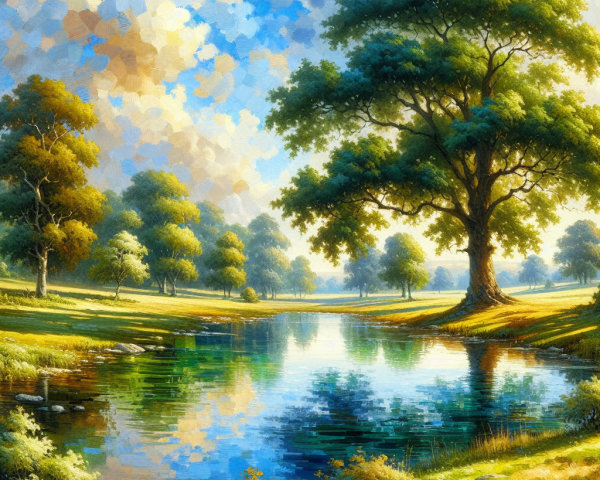 Tranquil River Landscape with Lush Greenery and Sky
