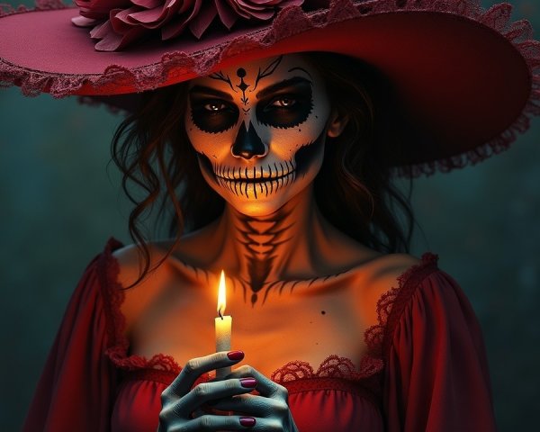 Elegant Woman in Red Dress with Skull Makeup and Candle