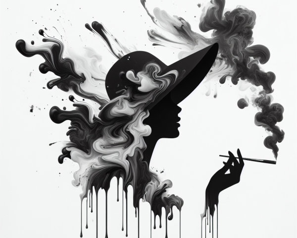 Silhouette of a Woman in Hat with Abstract Smoke Patterns