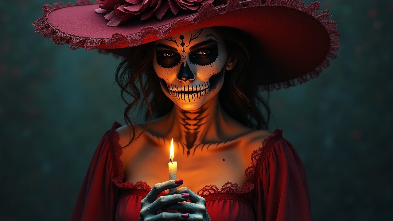 Elegant Woman in Red Dress with Skull Makeup and Candle