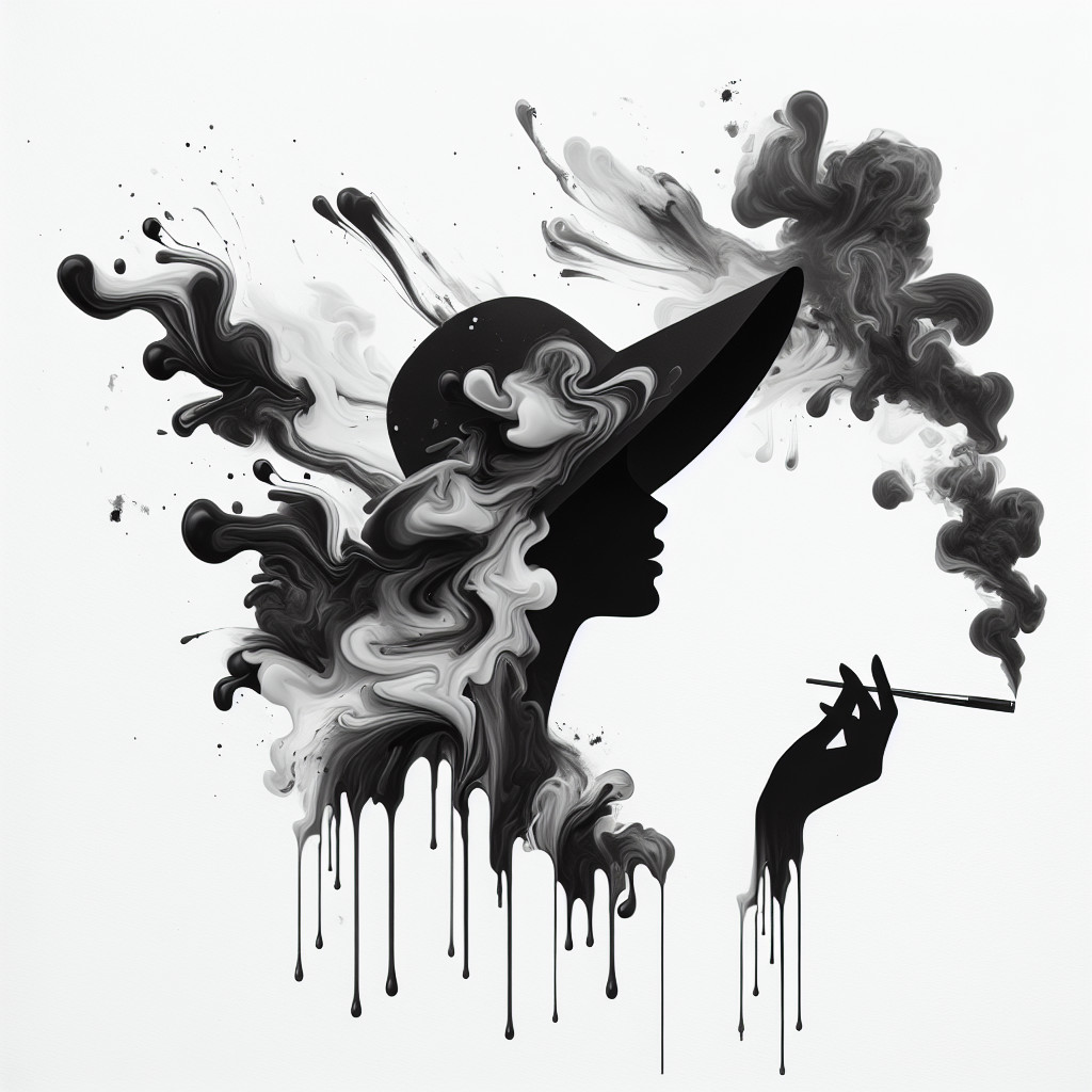 Silhouette of a Woman in Hat with Abstract Smoke Patterns