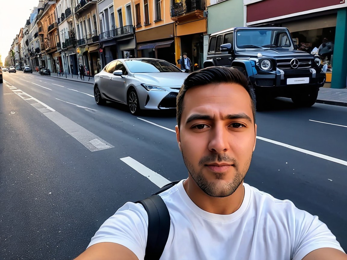 Selfie on a vibrant urban street with charming buildings