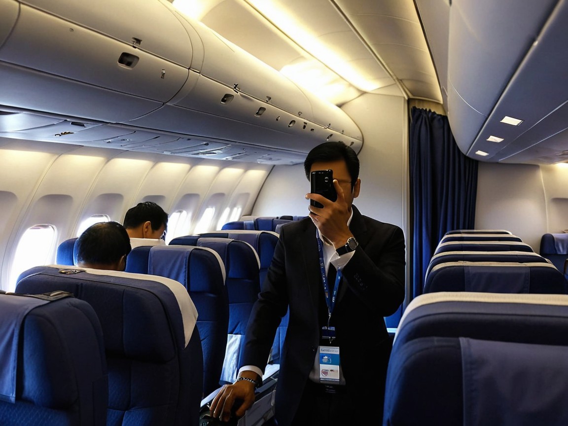 Airplane Interior with Passengers and Blue Seats
