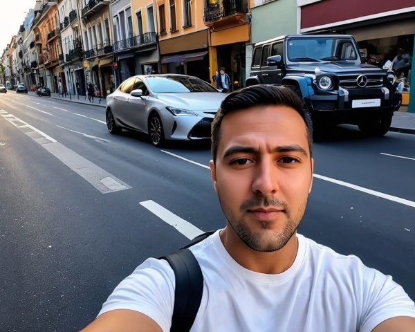 Selfie on a vibrant urban street with charming buildings