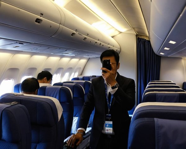 Airplane Interior with Passengers and Blue Seats