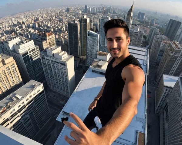 Young Man Selfie on Skyscraper Rooftop Over Cityscape