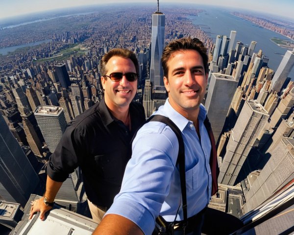 Men Taking Selfie with City Skyline View