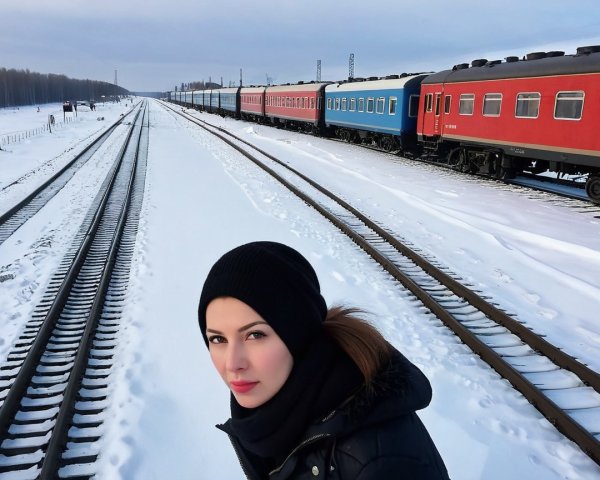 Young woman in winter attire by snowy train tracks
