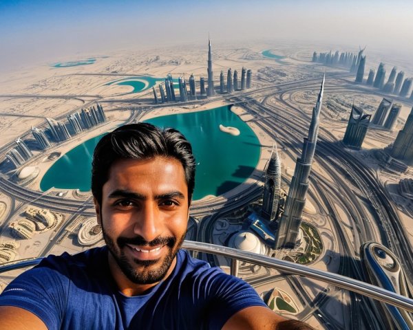Selfie in a modern cityscape with scenic views