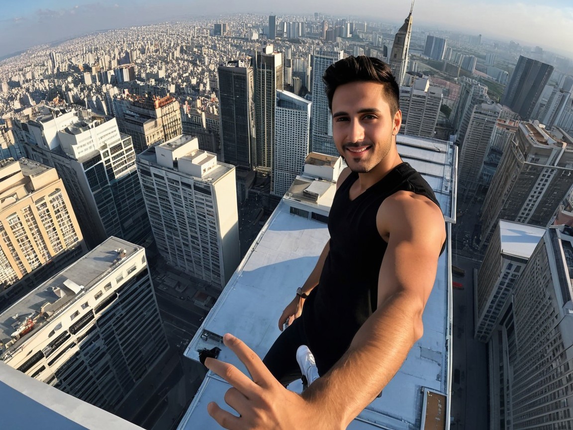 Young Man Selfie on Skyscraper Rooftop Over Cityscape