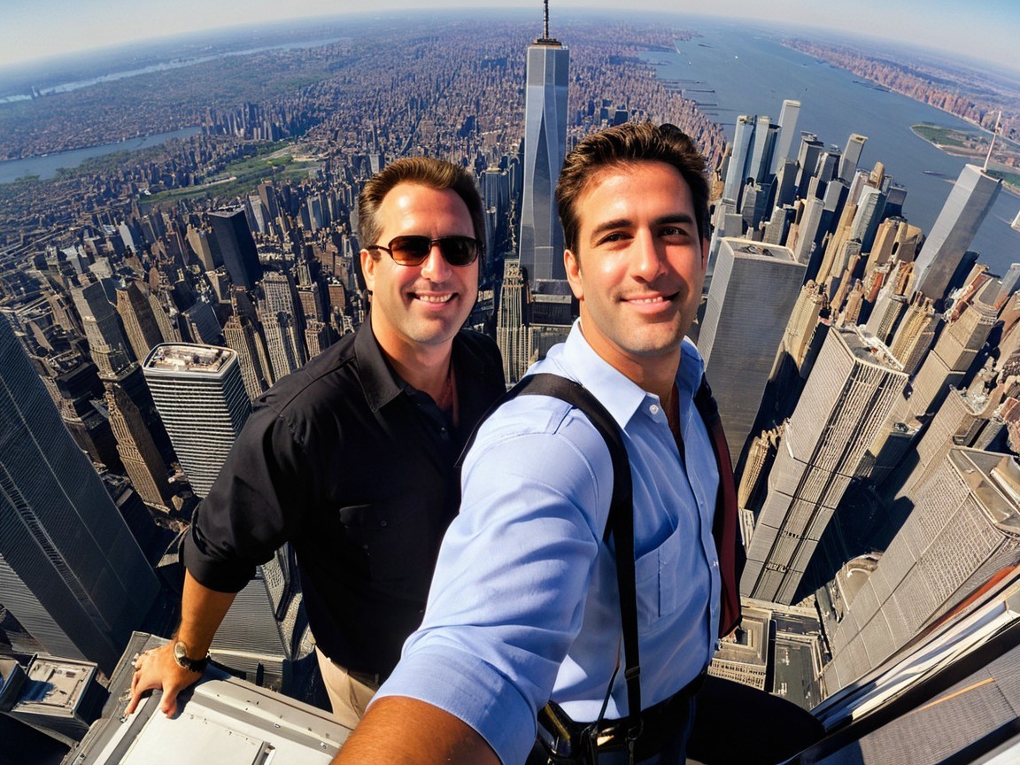 Men Taking Selfie with City Skyline View
