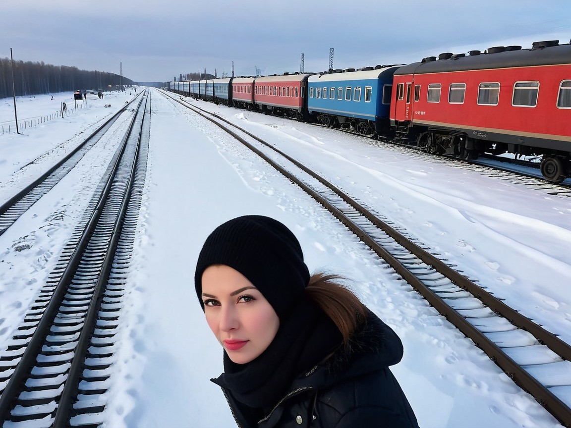 Young woman in winter attire by snowy train tracks