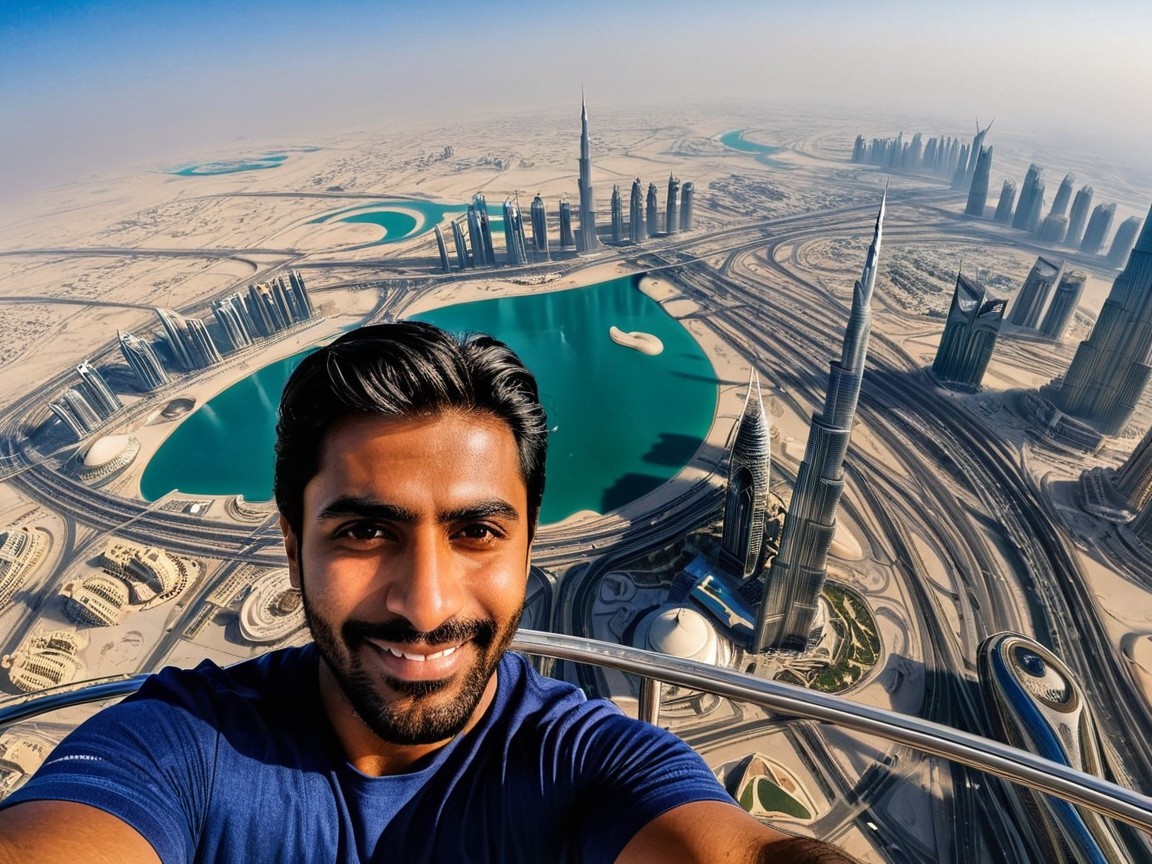 Selfie in a modern cityscape with scenic views