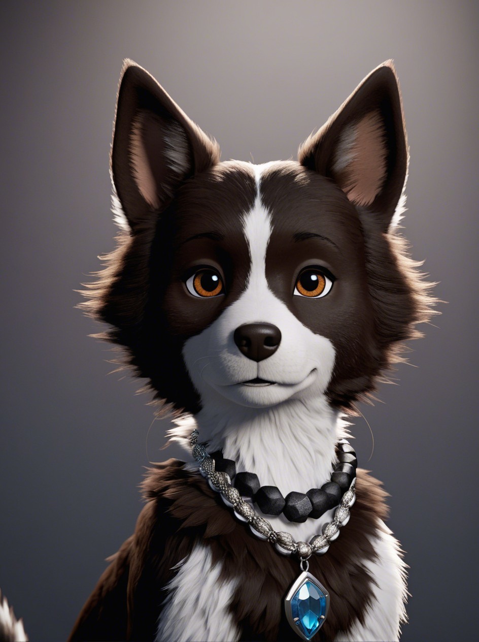 Fluffy Cartoonish Border Collie Portrait with Necklace