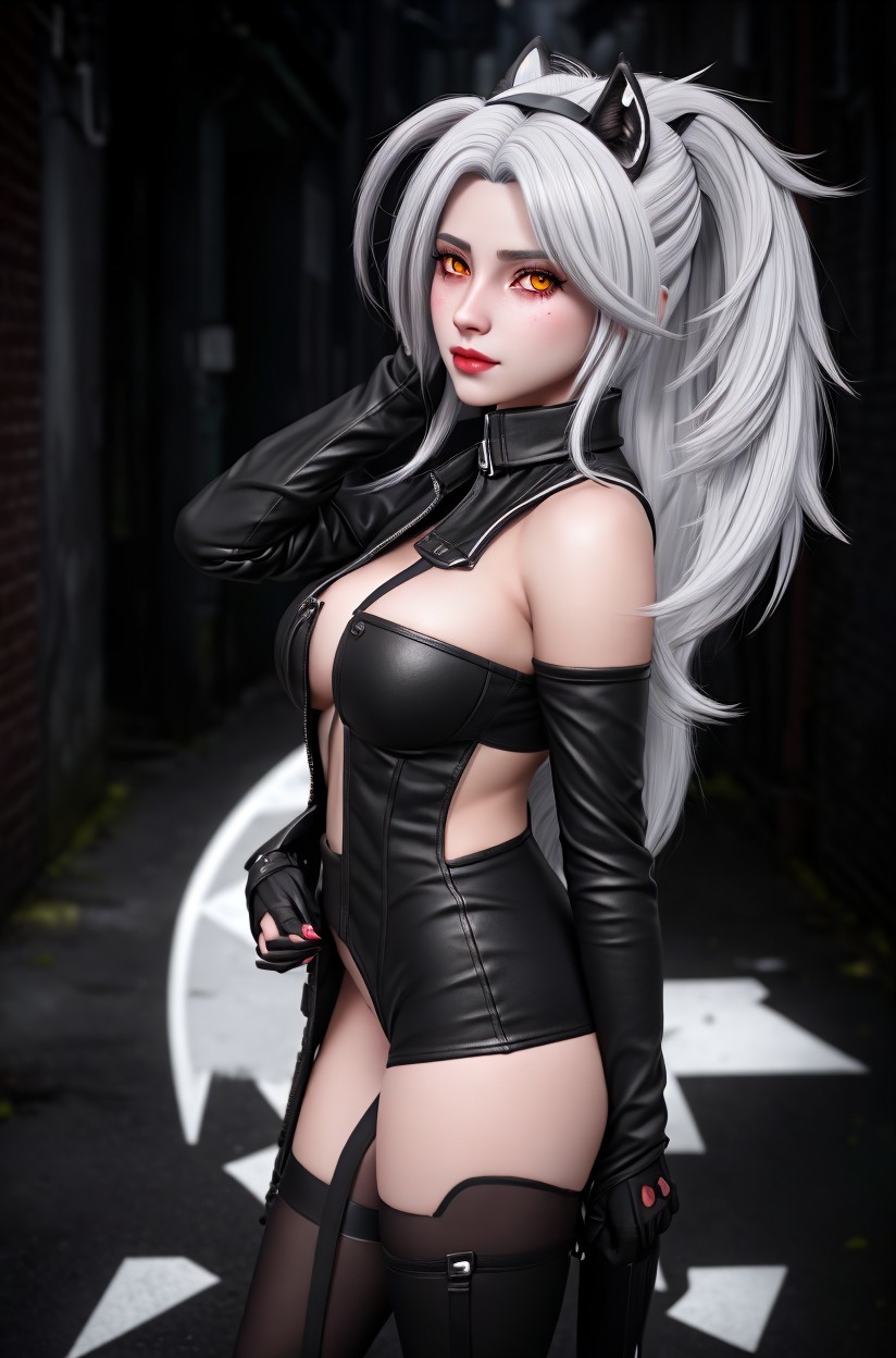 Female Character in Leather Bodysuit in Alleyway