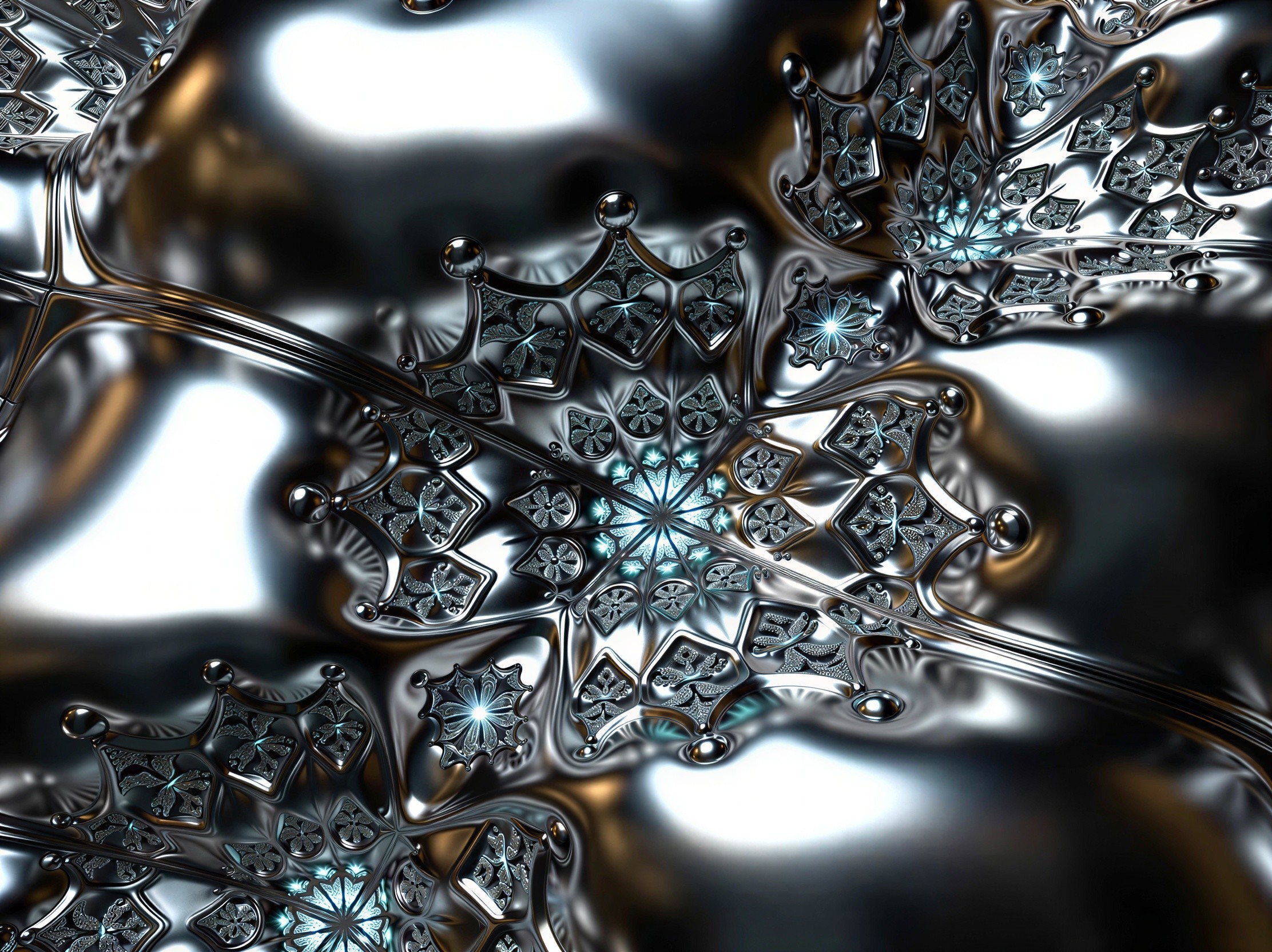 Intricate Metallic Snowflake Pattern on Liquid Surface