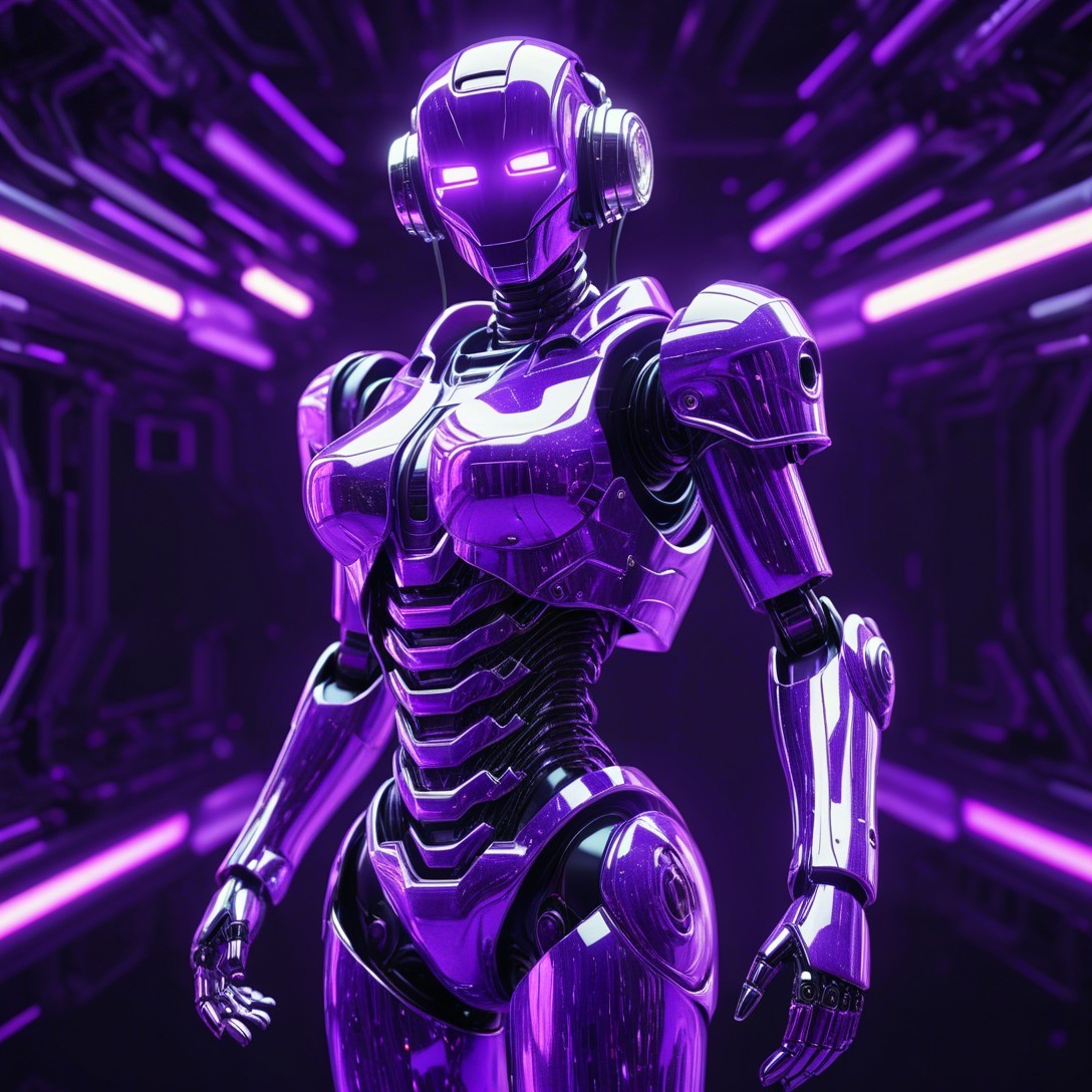 Muscular Female Robot in Futuristic Purple Setting