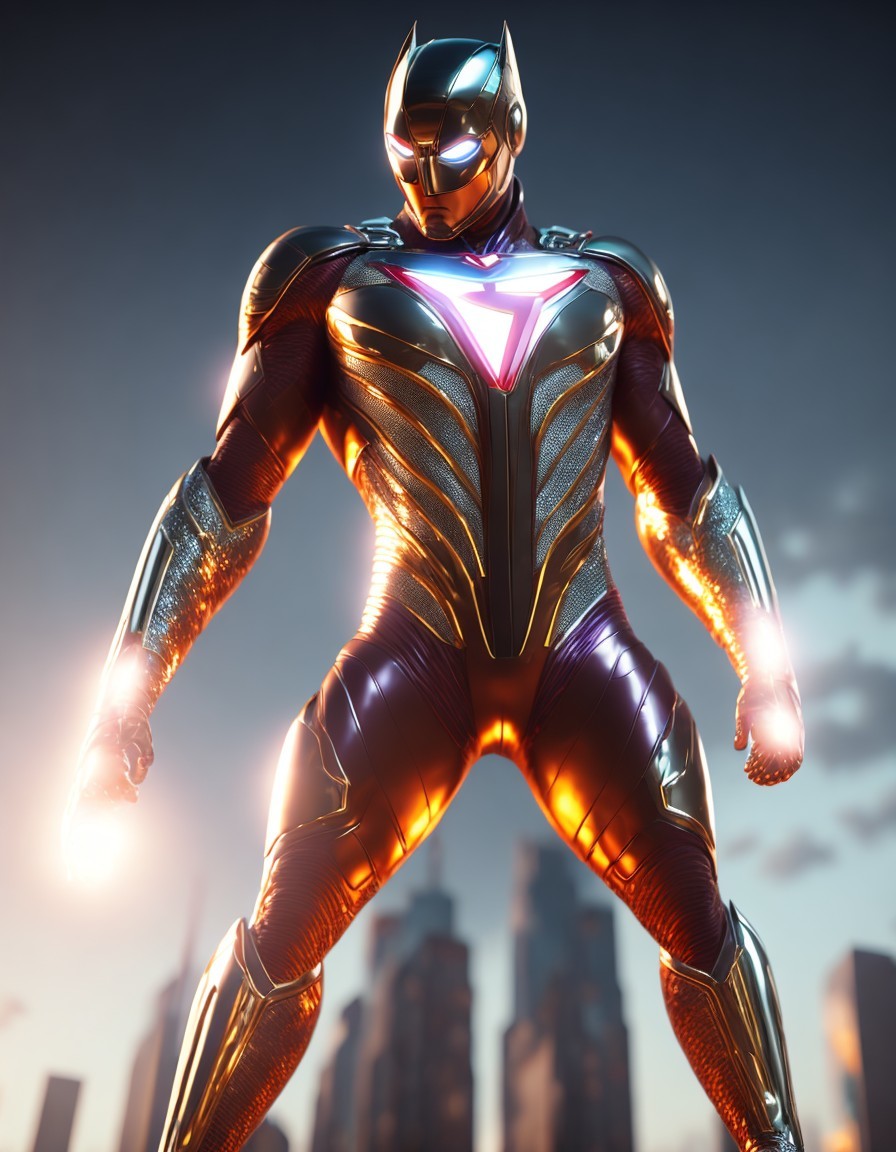 Futuristic superhero in armored suit with city skyline