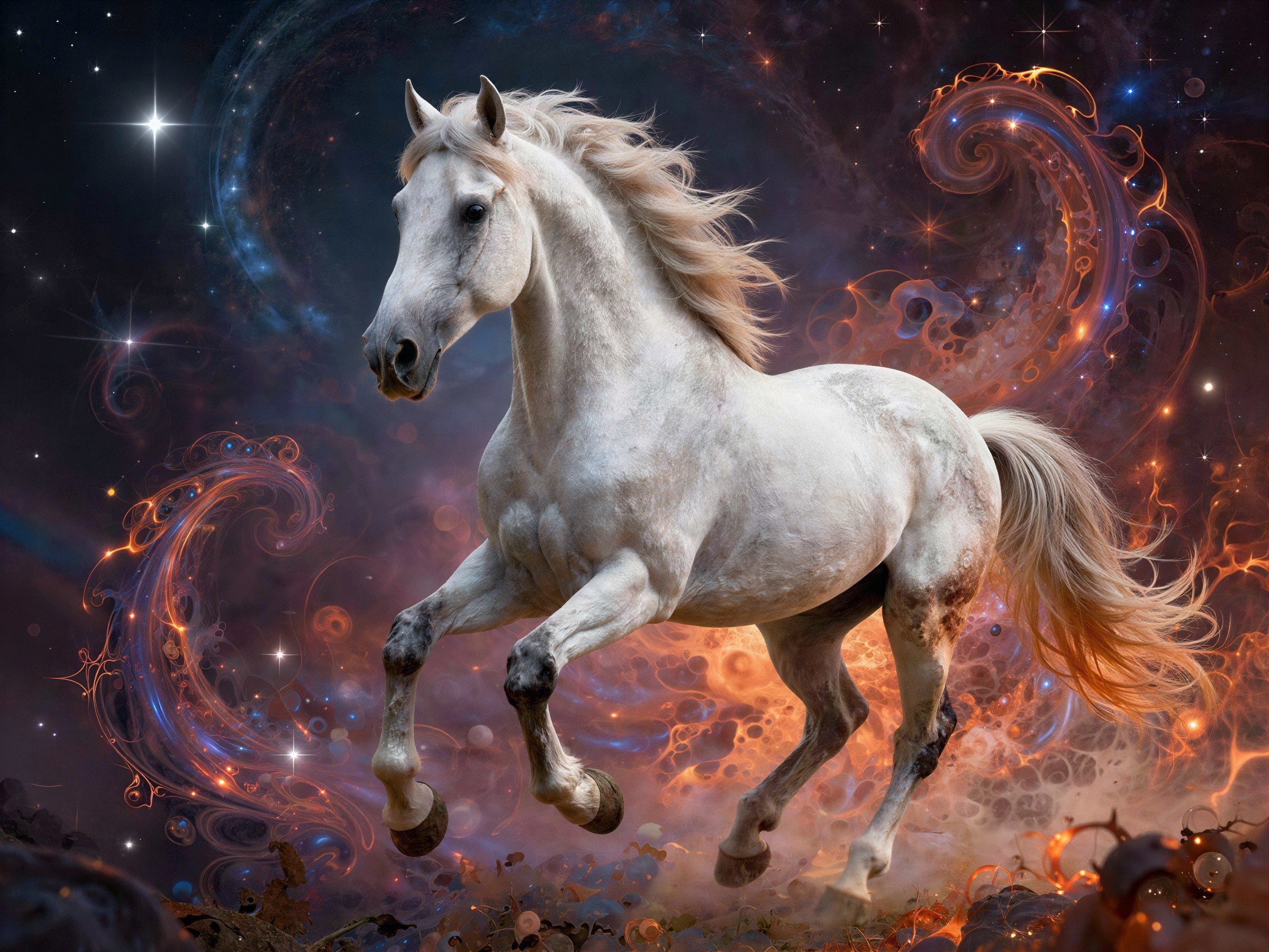 White Horse in Cosmic Setting with Vibrant Nebula
