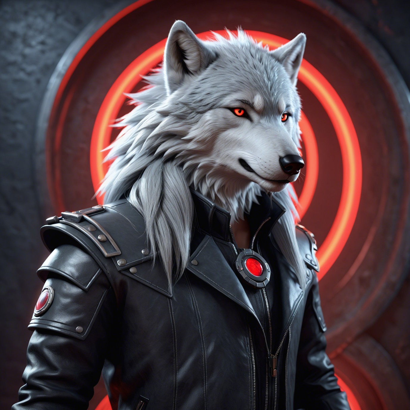 Furry anthro wolf character with glowing features and jacket