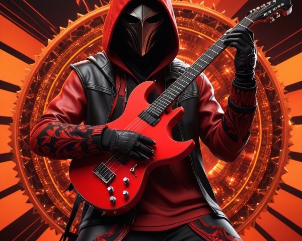 Masked Figure Playing Red Electric Guitar in Dynamic Pose