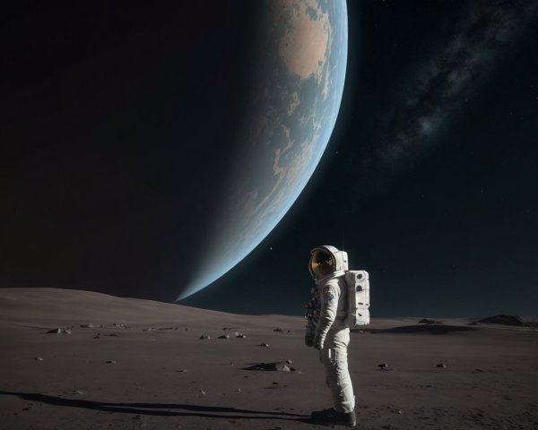 Astronaut on Alien Landscape with Crescent Planet View