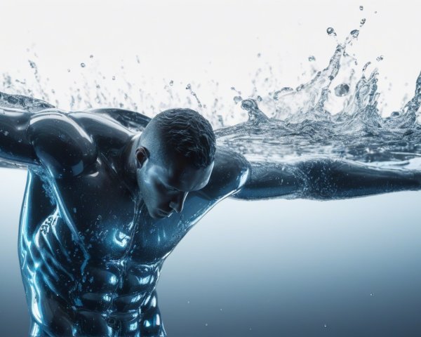Sculpted Man Half-Submerged in Glowing Water