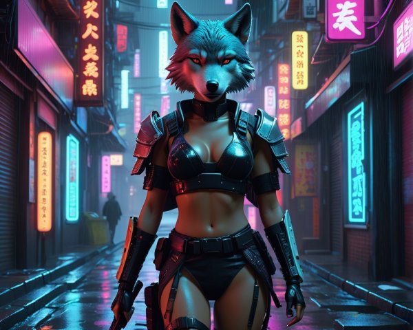 Futuristic Cyberpunk Scene with Anthropomorphic Wolf Character
