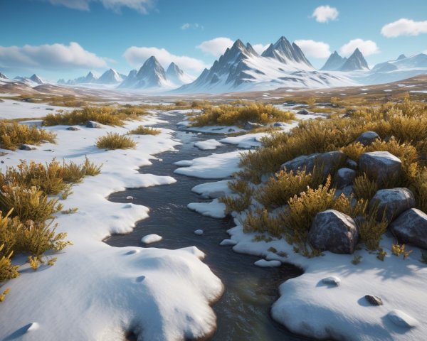 Serene Winter Landscape with Snow-Covered Mountains