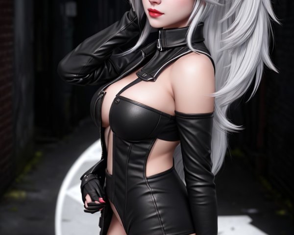 Female Character in Leather Bodysuit in Alleyway