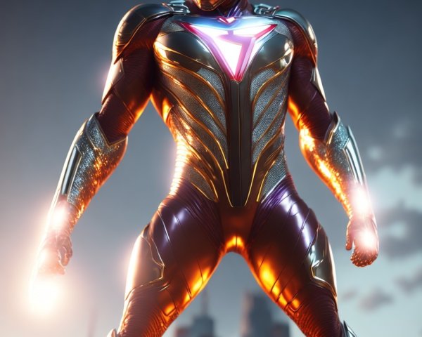 Futuristic superhero in armored suit with city skyline