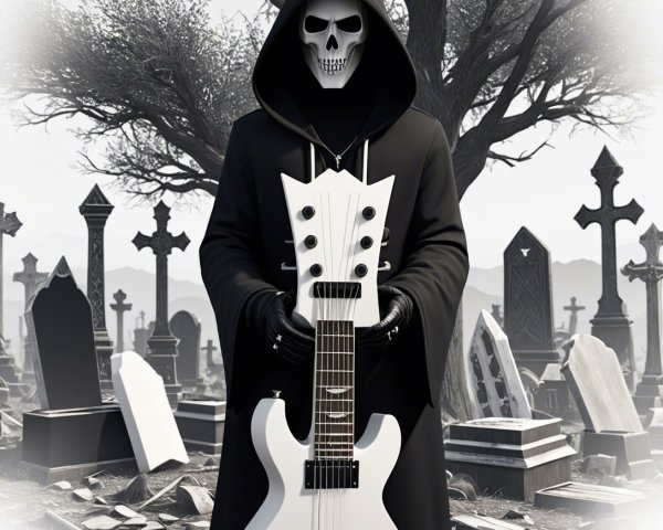 Grim Reaper Figure with Electric Guitar in Cemetery Setting