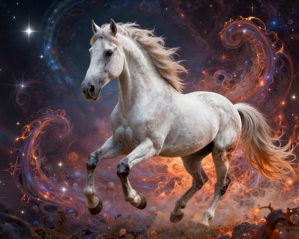 White Horse in Cosmic Setting with Vibrant Nebula
