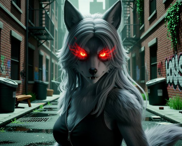 Digital Portrait of a Female Werewolf in Alleyway