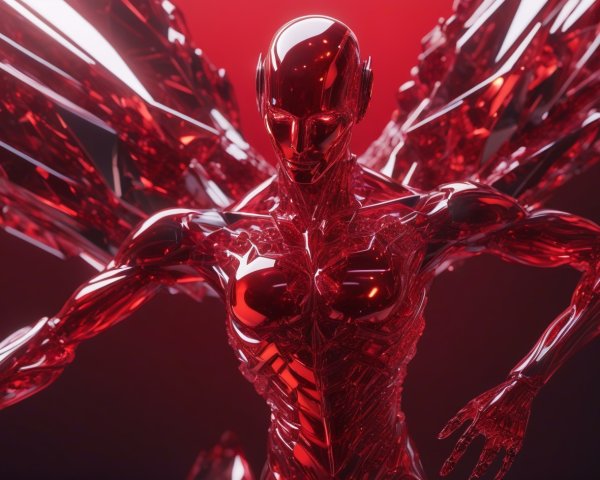 Close-up of a red cyborg with glowing eyes and wings
