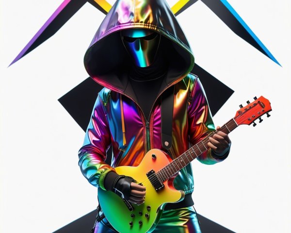 Character in Rainbow-Colored Outfit with Guitar