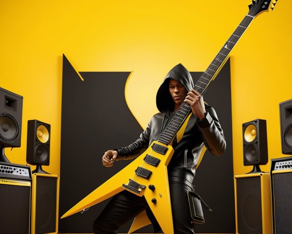 Person in Black Playing Yellow V-Shaped Electric Guitar