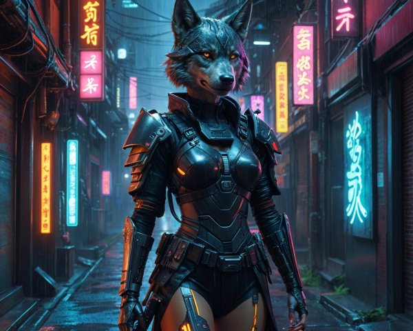 Humanoid Wolf Figure in Neon Cyberpunk Alley