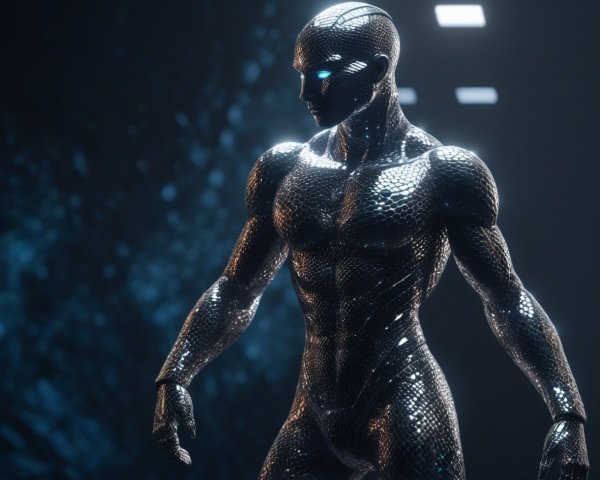 Futuristic humanoid in reflective black scale suit