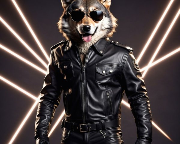 Dapper Wolf Portrait in Leather Jacket and Sunglasses