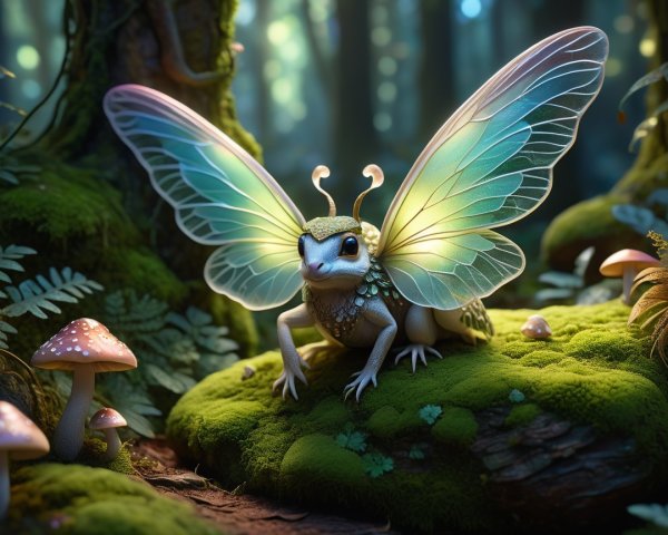 Whimsical Creature with Frog and Insect Features in Moss